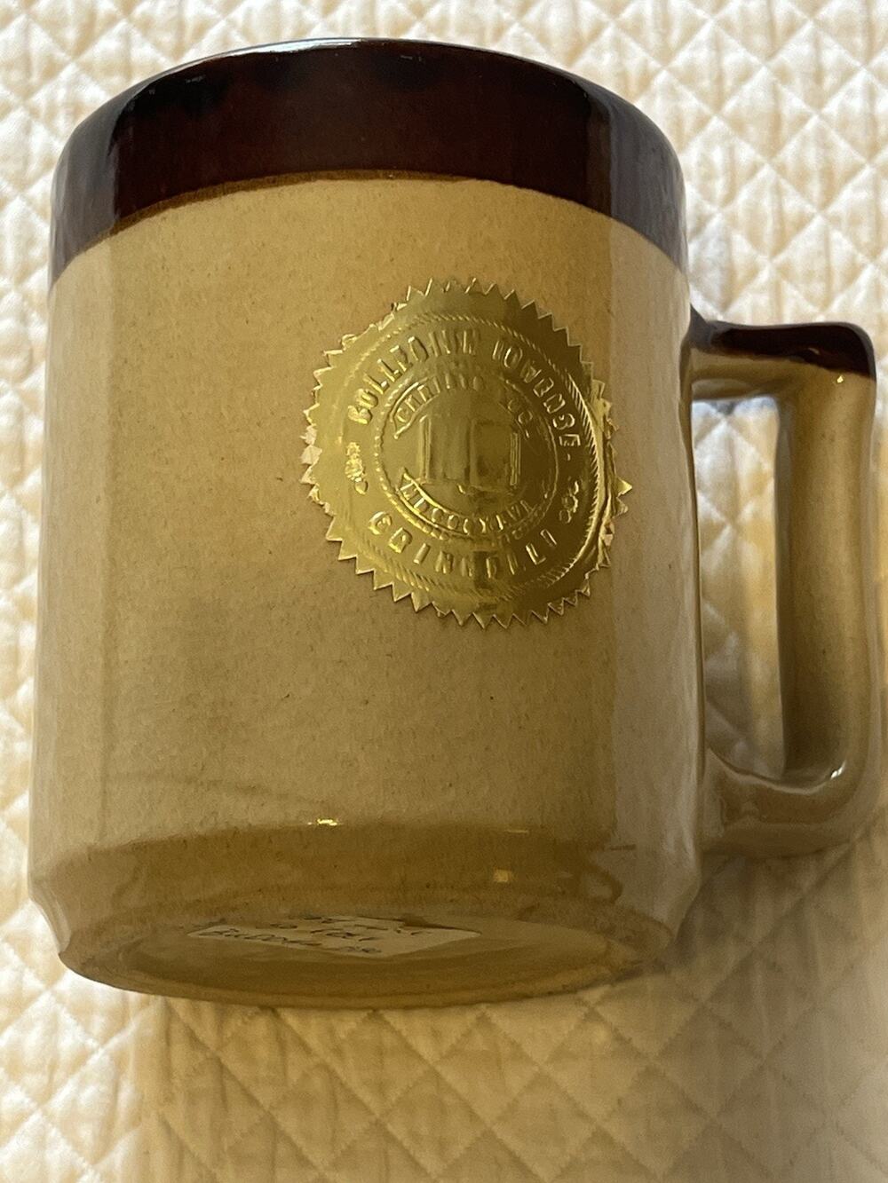 Vintage Grinnell College Iowa Stoneware Mug Brown Drip Glaze Embossed Seal